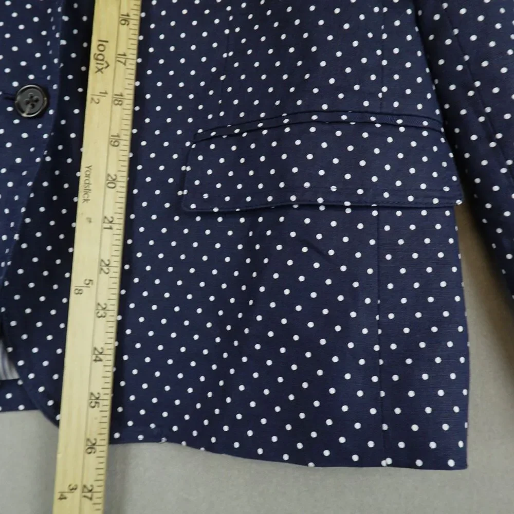 J Crew Schoolboy Blazer Linen Blend Jacket Polka Dots White Navy Women Size 12